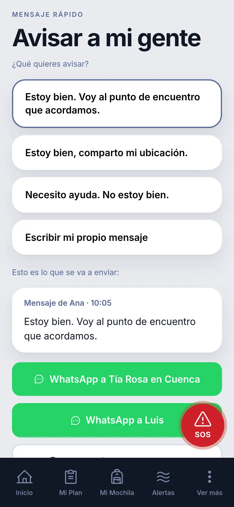 Pantalla Avisar a mi gente: mensajes listos y un botón de WhatsApp por cada persona.