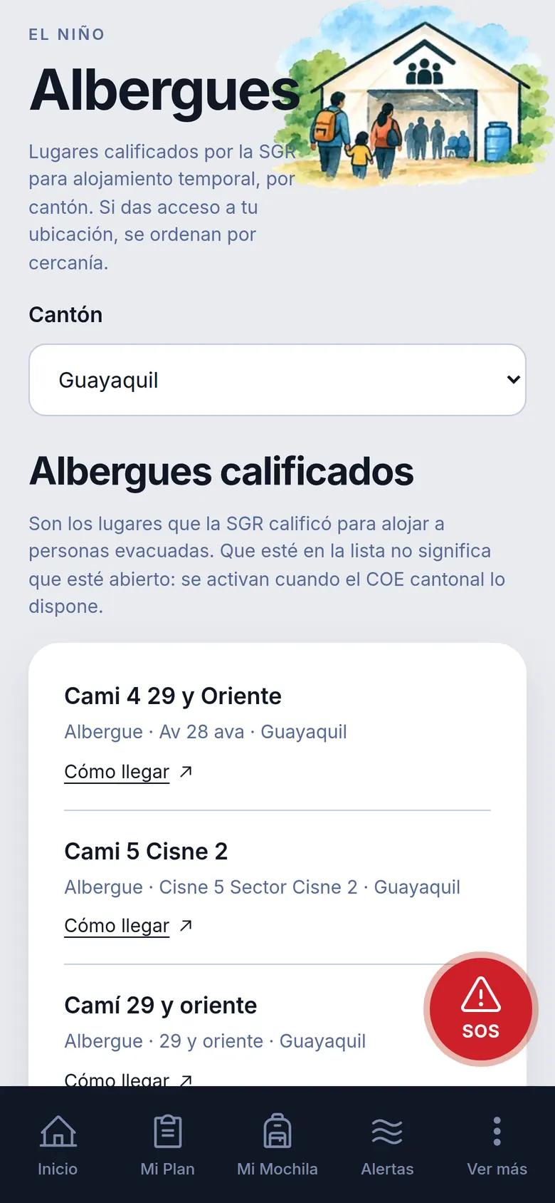 Pantalla de albergues calificados en Guayaquil, con enlaces para llegar.