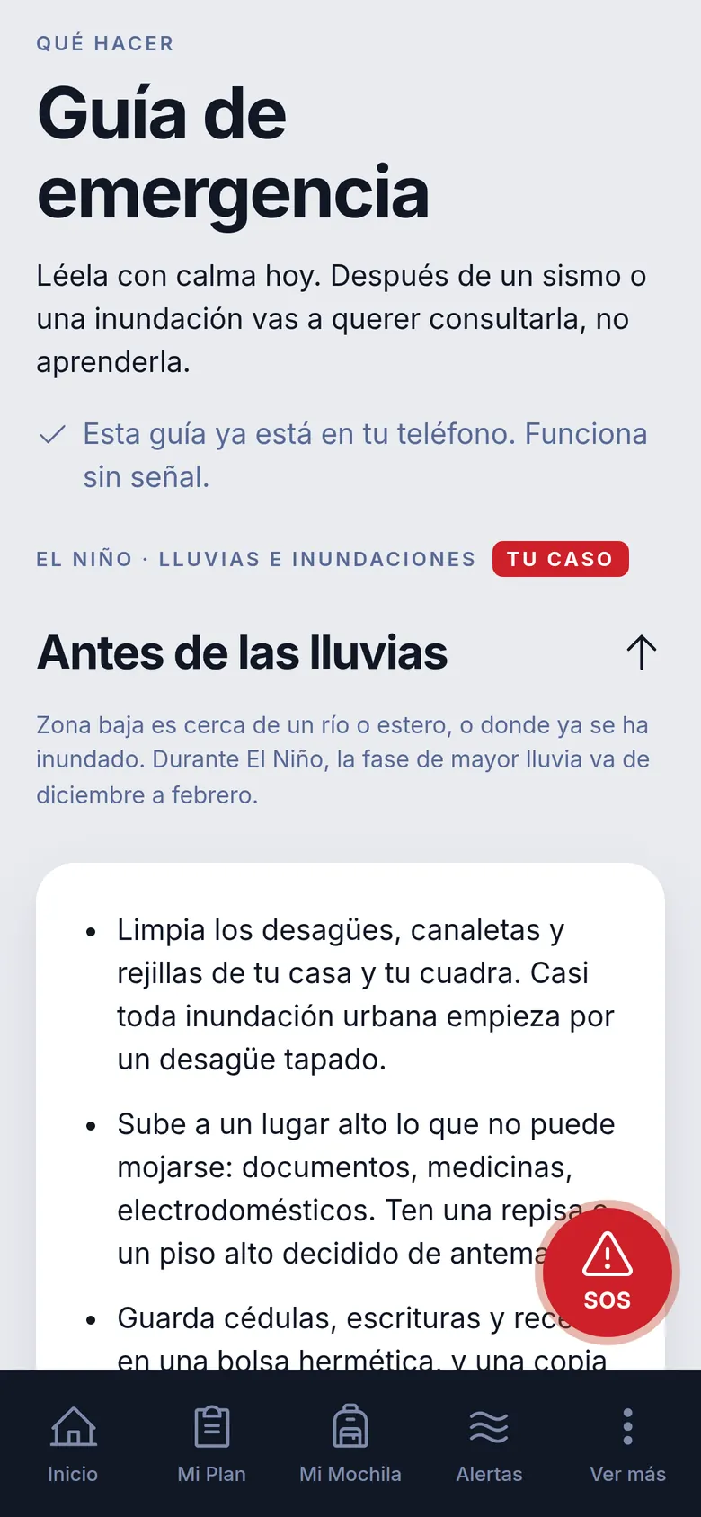 Guía de emergencia con el capítulo de lluvias marcado como tu caso.