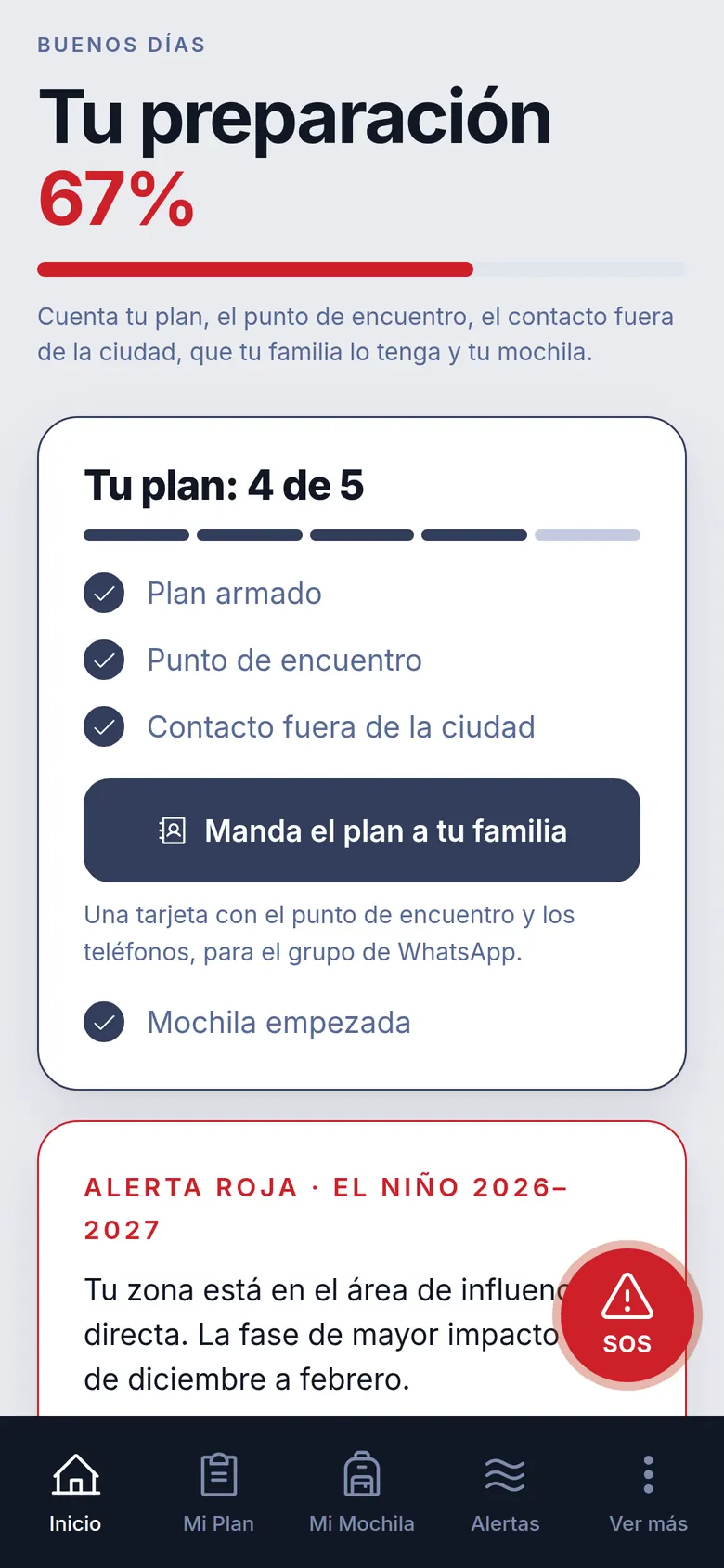 Pantalla de inicio: tu preparación al 67 % y tu plan en 4 de 5, con un botón para mandar el plan a la familia.