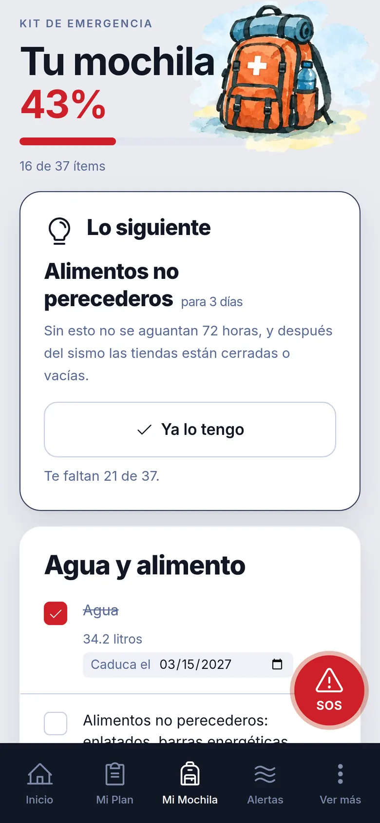 Pantalla de la mochila al 43 %, con la tarjeta Lo siguiente proponiendo alimentos no perecederos.