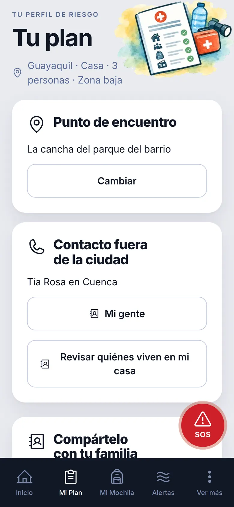 Pantalla de tu plan: Guayaquil, casa, 3 personas, zona baja; punto de encuentro y contacto fuera de la ciudad.