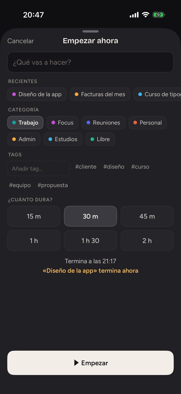 Empezar ahora: elegir una duración y ver a qué hora termina.