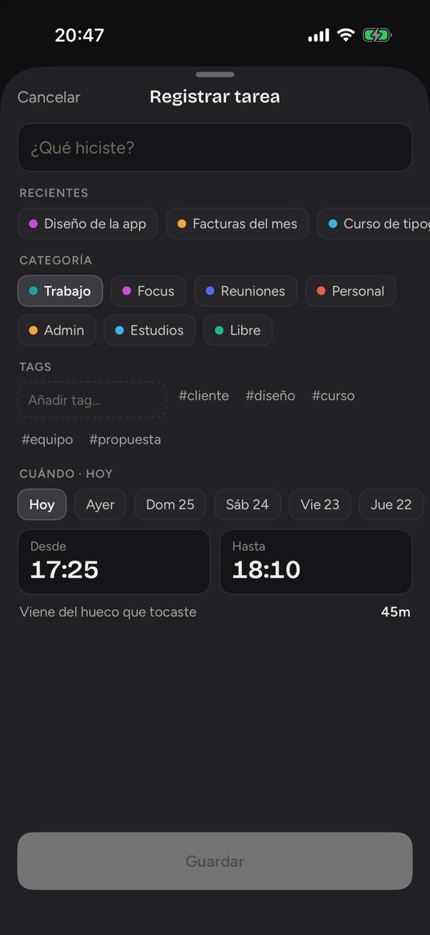 Registrar tarea: categorías, tags y el horario del hueco que se tocó.